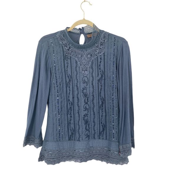 Cortefiel Woman Blue Lace Embroidered‎ Embellished Long Sleeve Top - Picture 1 of 7